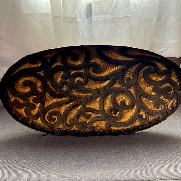 Artisan handmade gold tan brow metal swirls long bowl decor from Haiti - Picture 2 of 4